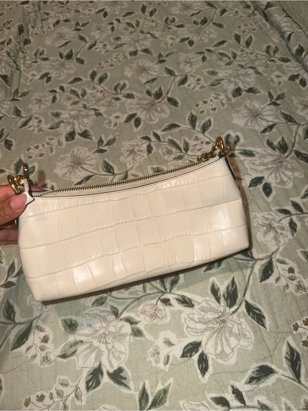 Coach Cream Croc-Embossed Mini Shoulder Bag with Gold Chain